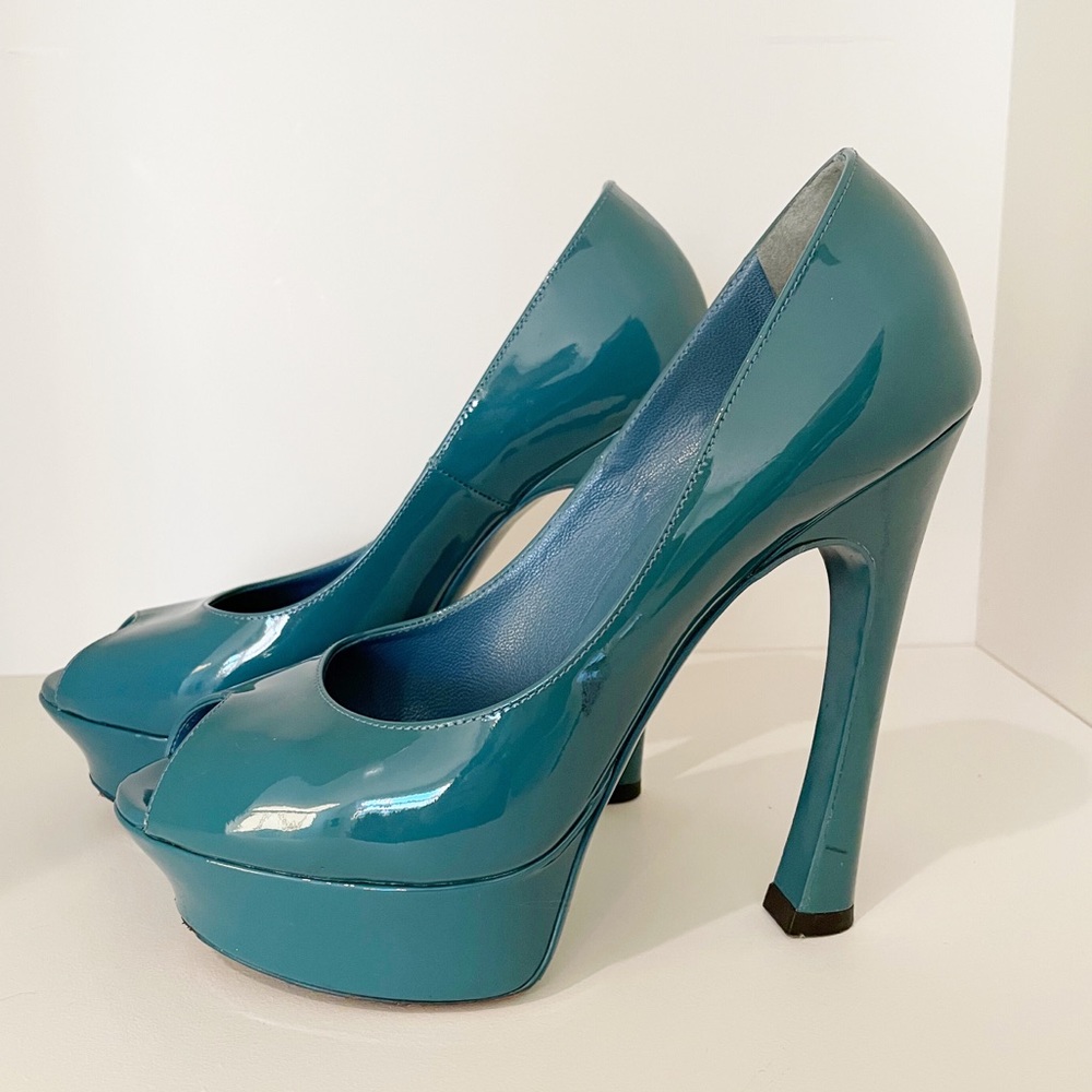 Yves Saint Laurent Palais Patent Leather Peep Toe Heels Teal Blue Size 36.5 - Picture 9 of 15